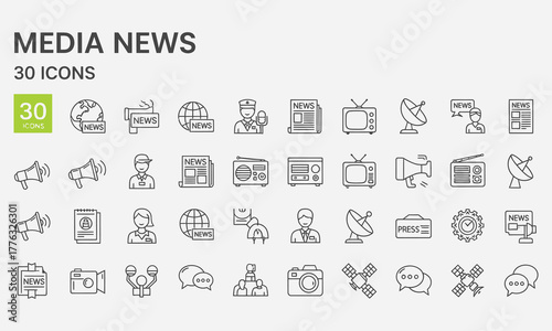 Diverse collection of media and news-related icons, ideal for digital platforms and informational graphics