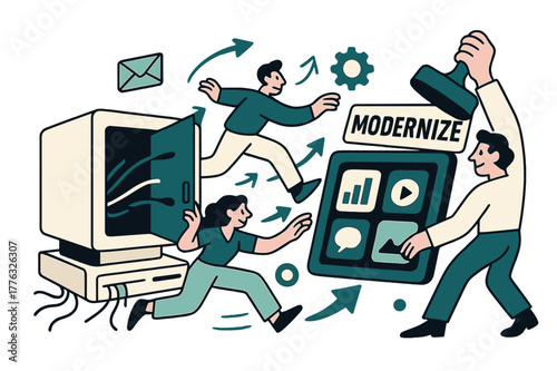 Sleek System Transformation. Legacy system modernization. A retro monitor opens like a door revealing sleek apps; cables transform into clean lines. A stamp
