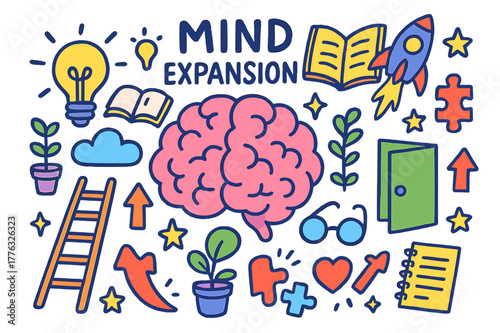 Creative Mind Icons. Mind expansion. Colorful Hand-drawn doodle Children illustration Mind expansion brain, light bulb, book, rocket, stars, open door, plant,
