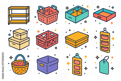 Minimalist Storage Icons. Minimalist storage solutions. Colorful isometric vector icons set of Minimalist storage solutions: open shelving, storage basket,