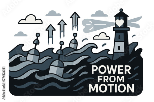 Tidal Energy Illustration. Tidal & wave energy. Floating buoys bounce with the swell as arrows rise from waves; ?Power from motion? glows. A lighthouse beams a