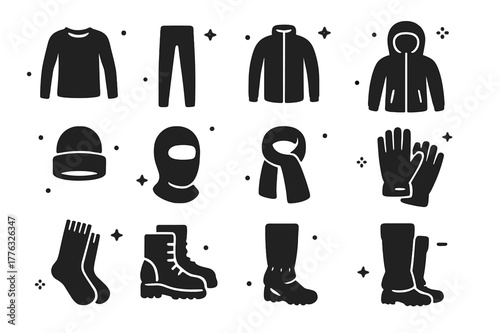 Winter Clothing Icons. Cold weather clothing layers. Solid icons set of Cold weather clothing layers: base layer top, base layer leggings, midlayer fleece,