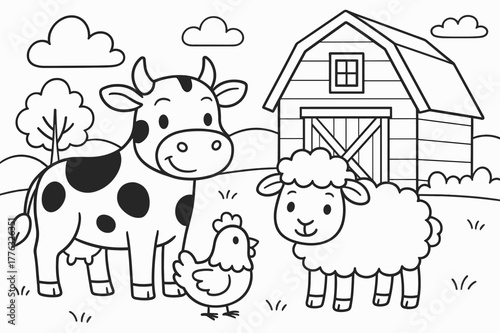 Farm Animal Coloring. Farm animals children?s coloring book illustration, outlined drawing, cow, sheep, and chicken near a barn in the countryside, educational