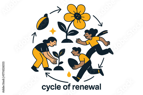 Cycle of Renewal. Seeds ? Seasonal Cycle. Circular composition of sprout > flower > seed; small arrows trace time?s rhythm. Tag ?cycle of renewal?. Modern flat