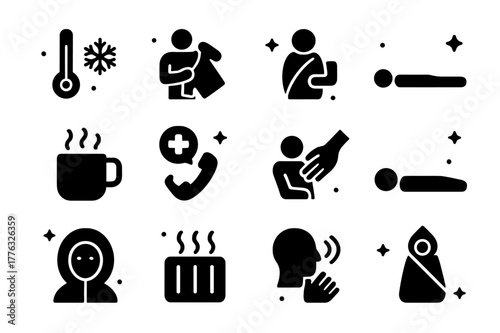 Hypothermia Aid Icons. Hypothermia first aid. Solid icons set of Hypothermia first aid: thermometer low reading, remove wet clothes, dry blanket, warm pack