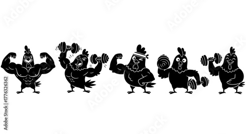 Strong Chickens Working Out Vector Illustration Set Muscular Cartoon Roosters Lifting Dumbbells and Flexing for Fitness Designs