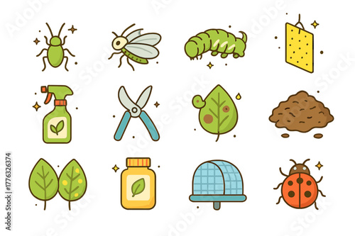 Pest Control Icons. Pest and disease control. Colorful isometric vector icons set of Pest and disease control: aphid insect, whitefly, tomato hornworm, yellow
