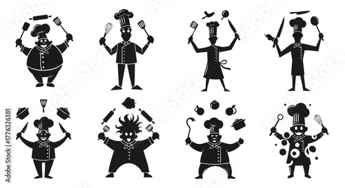 Energetic Chefs Juggling Kitchen Utensils Cooking Professionals