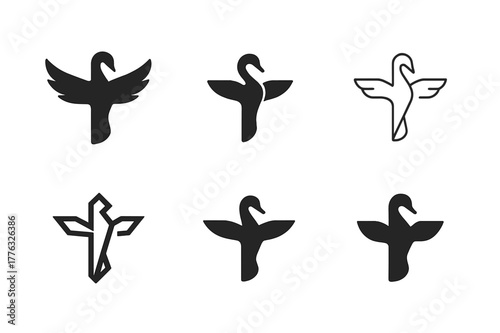 Cygnus Logo Variations. Cygnus constellation. Set Logo of Cygnus constellation: flying swan cross. harmonious logo variations of the same emblematic concept,