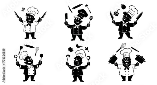Happy Chef Characters Juggling Kitchen Tools Collection Diverse Culinary Professionals with Utensils and Pots Silhouette Vector Illustration