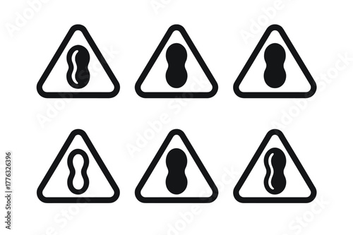 Peanut Allergen Logos. Nutrition facts label. Set Logo of allergen warning triangle with peanut icon: Abstract geometric, Iconic shape, Flat solid, Minimal