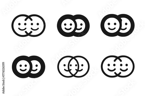 Harmonious Logo Variations. Building rapport. Set Logo of Building rapport: smiling faces within interlocking rings. Icon set. harmonious logo variations of