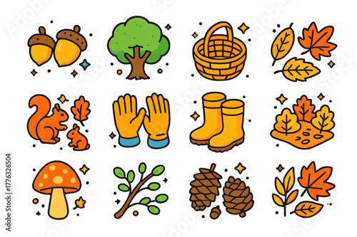 Colorful Forest Foraging Icons. Forest foraging. Colorful isometric vector icons set of forest foraging: acorns, oak tree, basket, fallen leaves, squirrels,