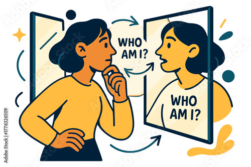 Mirror Whisper Reflection. Conceptual Portrait ? Mirror Dialogue. A subject faces two offset mirrors; reflections tilt and whisper ?who am I??. Thin arrows