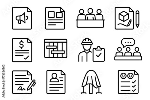Public Art Icon Set. Public Art Curation. Line icon set of Public Art Curation: open call notice, artist portfolio, selection jury, proposal sketch, budget