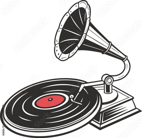 Vintage gramophone with vinyl record playing music illustration