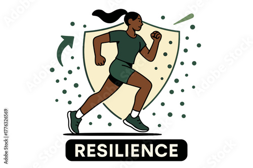 Dynamic Immune Shield. Exercise ? Immune Strength. Abstract shield forms around a runner; tiny dots bounce away symbolizing defense. Label ?resilience? glows