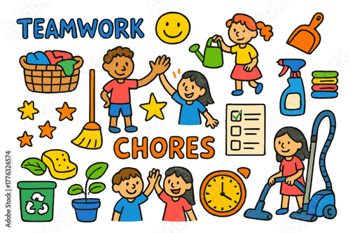 Teamwork Chores Icons. Teamwork chores. Colorful Hand-drawn doodle Children illustration Teamwork chores laundry basket, broom, dustpan, spray bottle, folded
