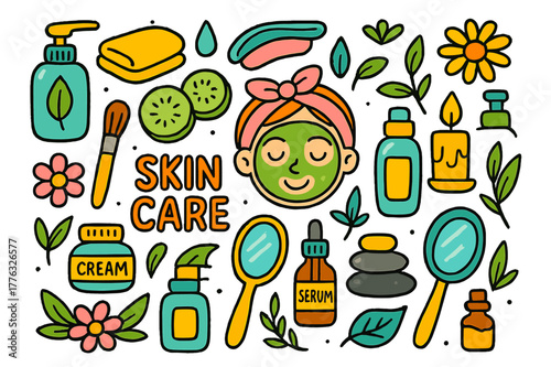 Children's Skincare Doodles. skin care. Colorful Hand-drawn doodle Children illustration skin care face mask, cucumber slices, headband, towel, cream jar,
