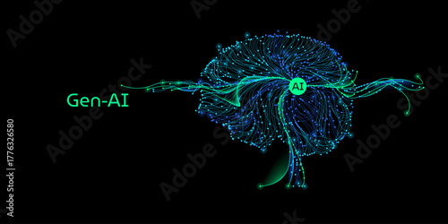 Illustration of abstract stream. Artificial intelligence. Big data, technology, AI, data transfer, data flow, large language model, LLM, generative AI	