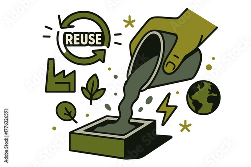 Concrete Recycle Innovation. Recycled concrete innovation. A hand pours gray mix into a mold while small arrows loop ?reuse.? Micro symbols of sustainability