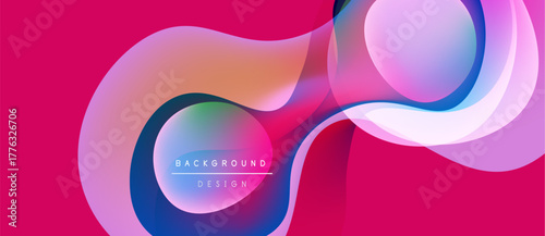 Abstract fluid shapes overlap, creating vibrant color gradients. Pink dominates background, with blue, purple hues present. Modern design element.