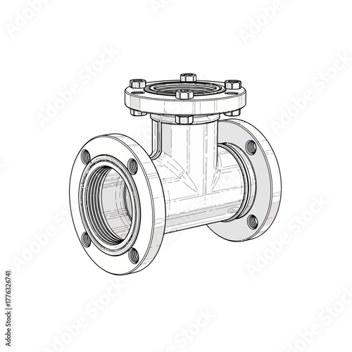 Industrial Pipe Tee Joint Flanged Fitting Engineering Sketch Vector Illustration
