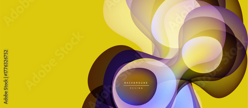 Abstract flowing shapes overlap, creating vibrant color gradients. Yellow background provides strong contrast. Modern design element.