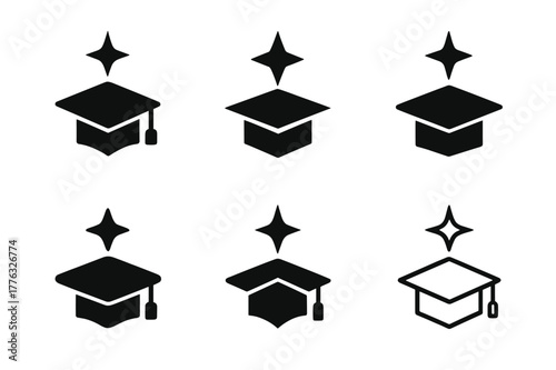 Mentorship Emblem Designs. Mentorship and scholarships. Set Logo of Mentorship and scholarships: guiding star over graduation cap. harmonious logo variations