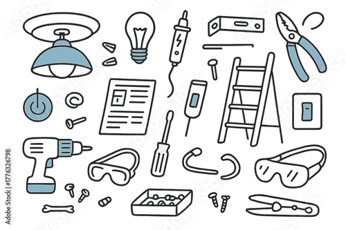 Light Fixture Replacement. // Light fixture replacement. Hand-drawn doodle illustration light fixture replacement [ceiling fixture (accented), light bulb