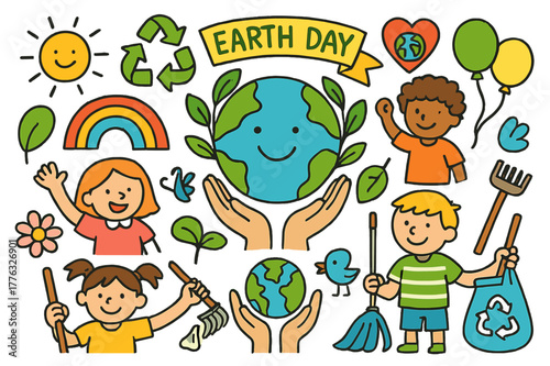 Earth Day Celebration. Earth day. Colorful Hand-drawn doodle Children illustration Earth day globe with leaves, poster, recycling arrows, balloons, smiling