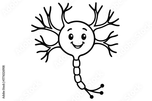 Smiling Cartoon Neuron. Neurons children?s coloring book illustration, outlined drawing, a smiling cartoon neuron with a big round cell body, branching
