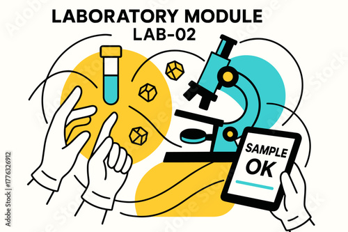 Futuristic Lab Scene. Laboratory Module (LAB-). Gloved hands guide a floating test tube while micro-geodes orbit a microscope; a tablet flashes ?sample OK?.