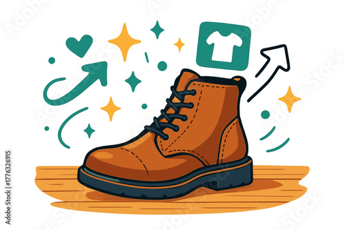 Stylish Boot Vectors. Boot. Single leather boot on wooden floor with abstract floating sparkles, arrows, and icons; conveys fashion, durability, and style.