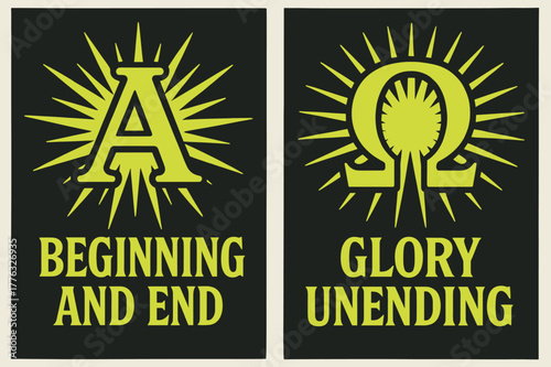 Retro Banners Design. Alpha and Omega. Two vertical A6 banners with safe margins, centered composition, no elements touching edges, retro, charcoal and neon
