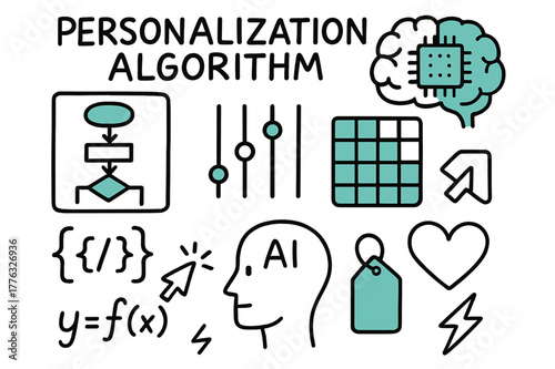 Personalization Algorithm Doodle. // Personalization algorithm. Hand-drawn doodle illustration Personalization algorithm [flowchart (accented), code brackets