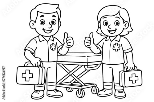 Friendly Paramedics Coloring Page. Paramedics on duty children?s coloring book illustration, outlined drawing, two friendly paramedics with a stretcher and