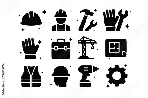 Industrial Icons Grid. Industrial Labor. Solid icons set of Industrial Labor: hard hat, construction worker, hammer, wrench, gloves, toolbox, crane, blueprint,