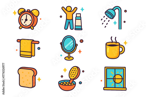 Morning Routine Icons. morning routine. Colorful isometric vector icons set of morning routine: alarm clock, stretching figure, toothbrush, toothpaste, shower