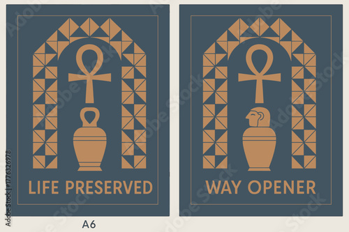 Ankh and Canopic Jar. Ankh & Jar. Two vertical A6 banners with safe margins, centered composition, no elements touching edges, geometric, slate blue and