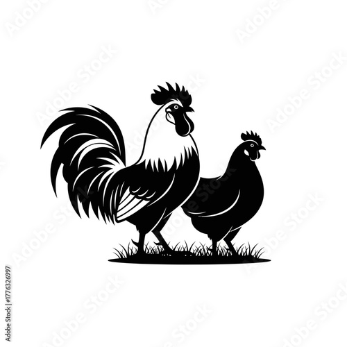Rooster and Hen Silhouette Illustration – Farm Chicken Poultry Vector Art