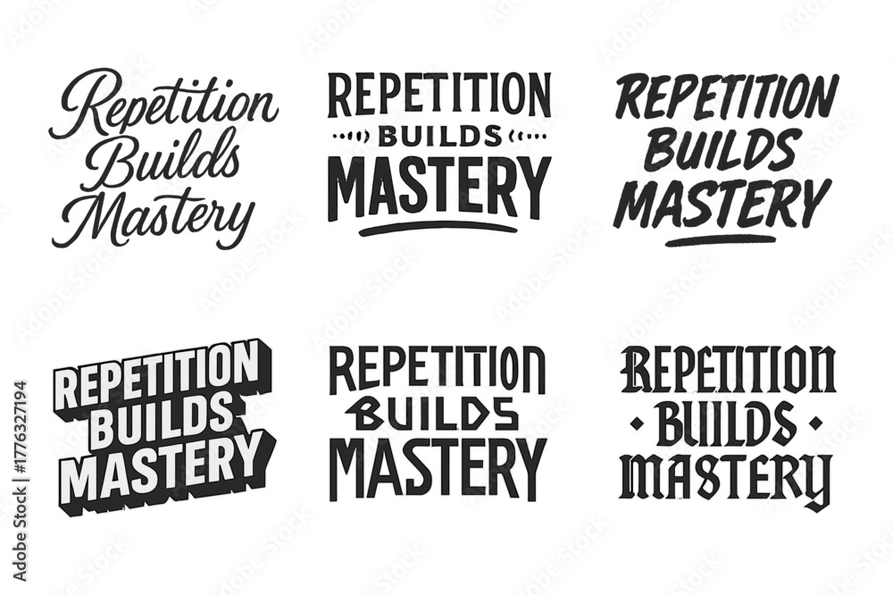 Fototapeta premium Diverse Lettering Variations. Repetition builds mastery. Set lettering. harmonious lettering variations of the same emblematic concept, each with different