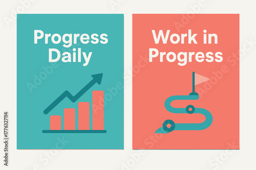 Modern Progress Banners. Progress daily. Two vertical A6 banners with safe margins, centered composition, no elements touching edges, modern, turquoise and