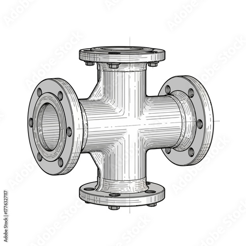 Industrial Pipe Tee Joint Flanged Fitting Engineering Sketch Vector Illustration