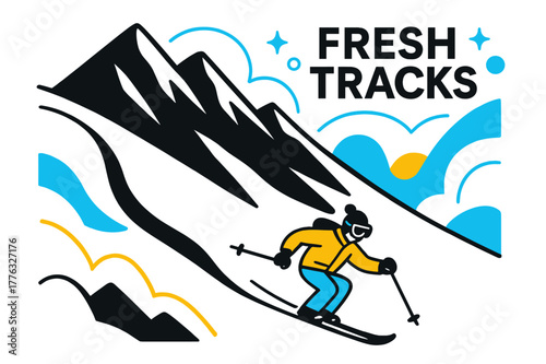 Backcountry Arctic Descent. Backcountry Descent. A lone skier drops into untouched powder, tiny against bold ridgelines. ?Fresh Tracks? floats beside drifting