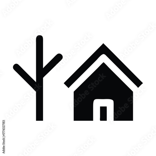 Simple house and tree icon representing home, nature, and shelter.