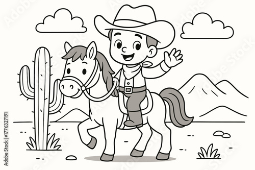 Friendly Cowboy Coloring. Wild West children?s coloring book illustration, outlined drawing, friendly cowboy on a horse waving near a cactus, educational