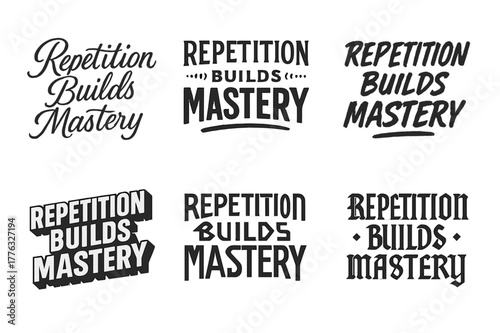 Diverse Lettering Variations. Repetition builds mastery. Set lettering. harmonious lettering variations of the same emblematic concept, each with different