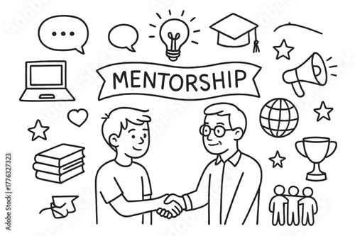 Mentorship Symbolic Doodle. Mentorship. Hand-drawn doodle illustration Mentorship young person, mentor, handshake, books, laptop, globe, lightbulb, banner,