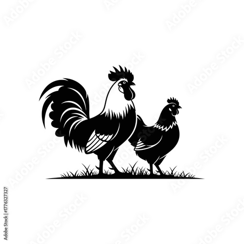 Rooster and Hen Silhouette Illustration – Farm Chicken Poultry Vector Art